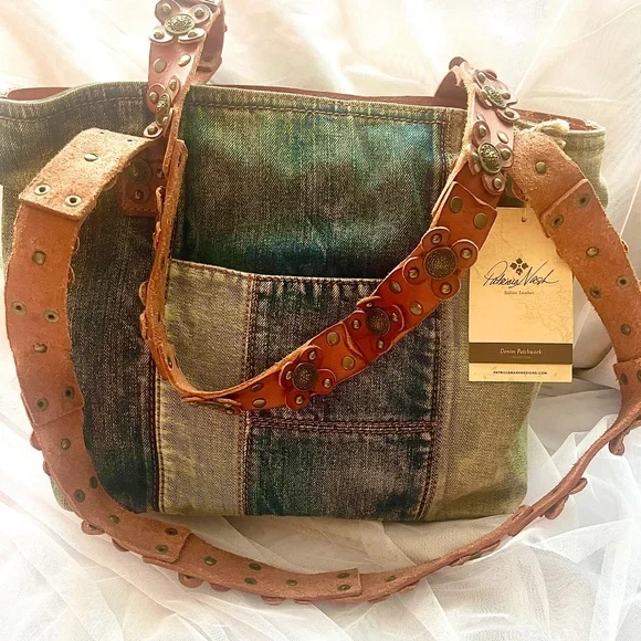 NWT Patricia Nash Denim Patchwork Tote Satchel - Picture 2 of 12